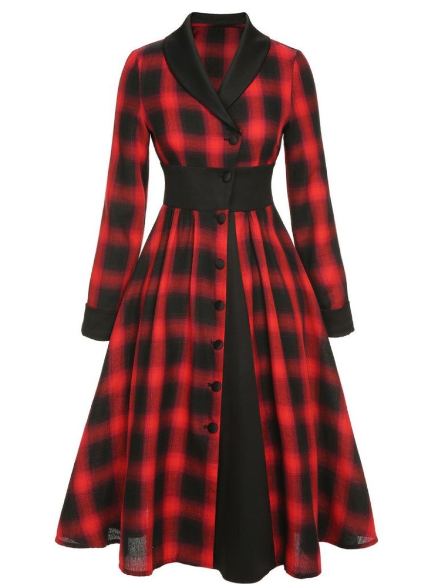 Clothing Retro Stage | [Pre-Sale] 1950S Gingham Plaid Button Lapel Dress Black&Red