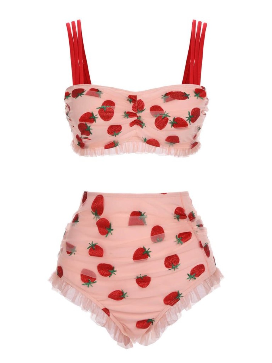 Clothing Retro Stage | 1950S Lace Strawberry Cami Tankini Set Pink