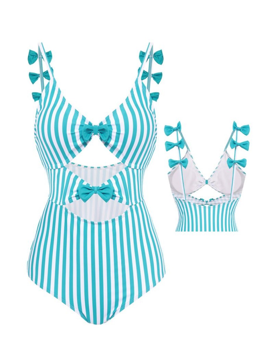 Clothing Retro Stage | 1960S Stripe Strap Bow One-Piece Swimsuit Blue