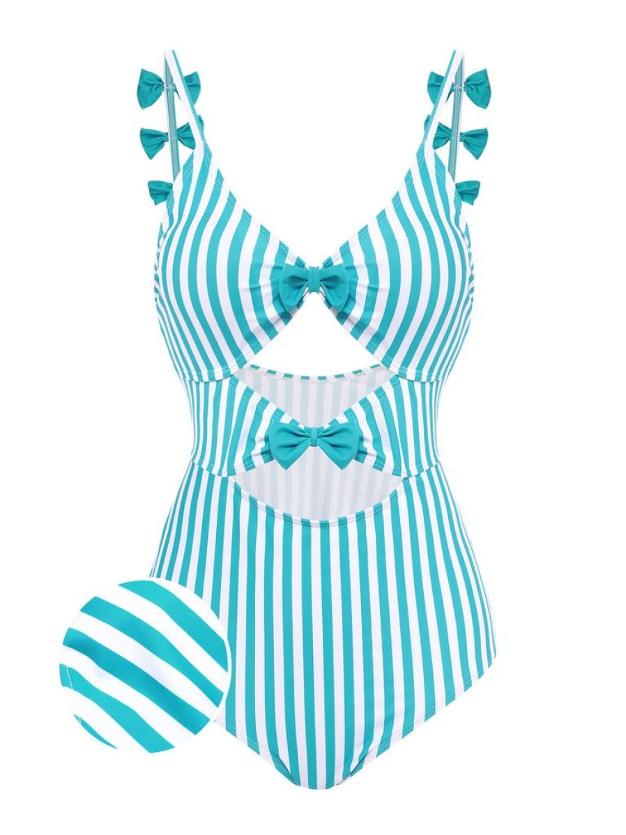 Clothing Retro Stage | 1960S Stripe Strap Bow One-Piece Swimsuit Blue