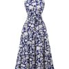 Clothing Retro Stage | 1930S Stand Collar Floral Dress Blue