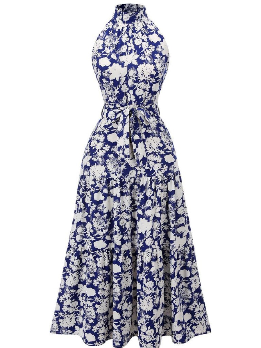 Clothing Retro Stage | 1930S Stand Collar Floral Dress Blue