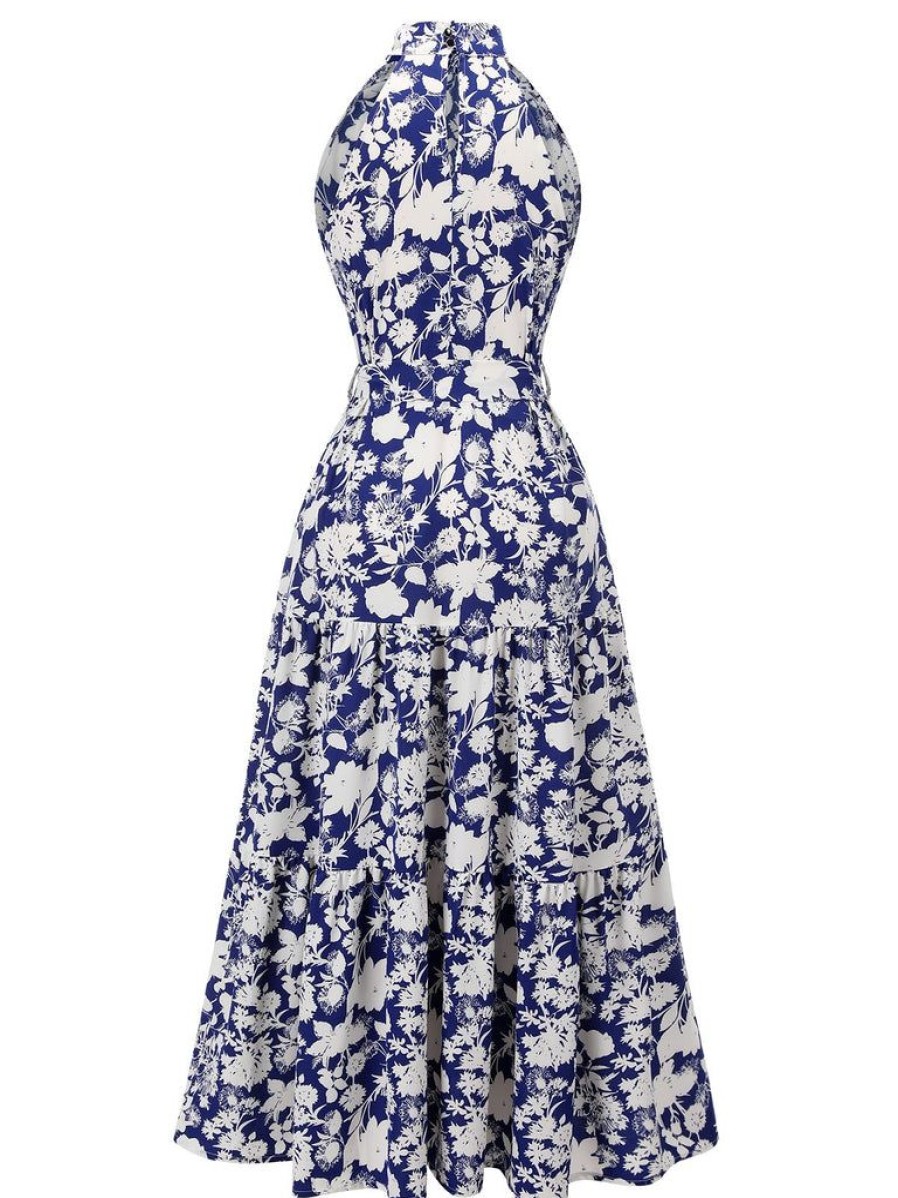 Clothing Retro Stage | 1930S Stand Collar Floral Dress Blue