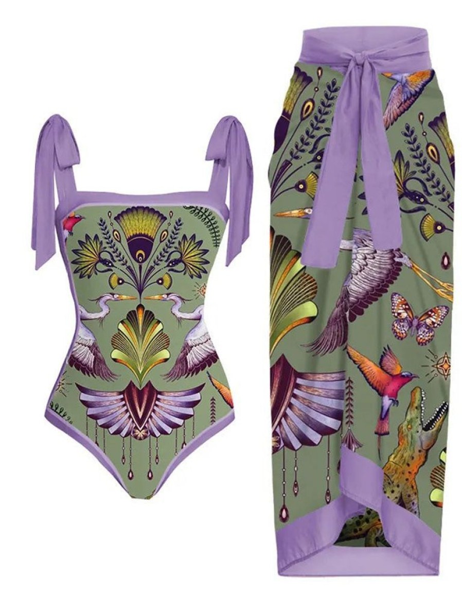 Clothing Retro Stage | 1950S Forest Animals Lace-Up Swimsuit & Cover-Up Purple