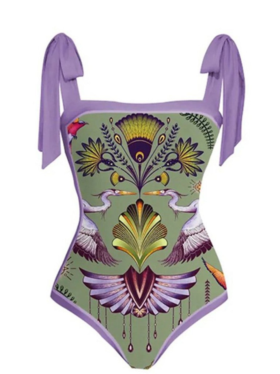 Clothing Retro Stage | 1950S Forest Animals Lace-Up Swimsuit & Cover-Up Purple