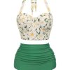 Clothing Retro Stage | [Plus Size] 1950S Floral Halter Lace-Up Bikini Set Green [Pre-Sale]