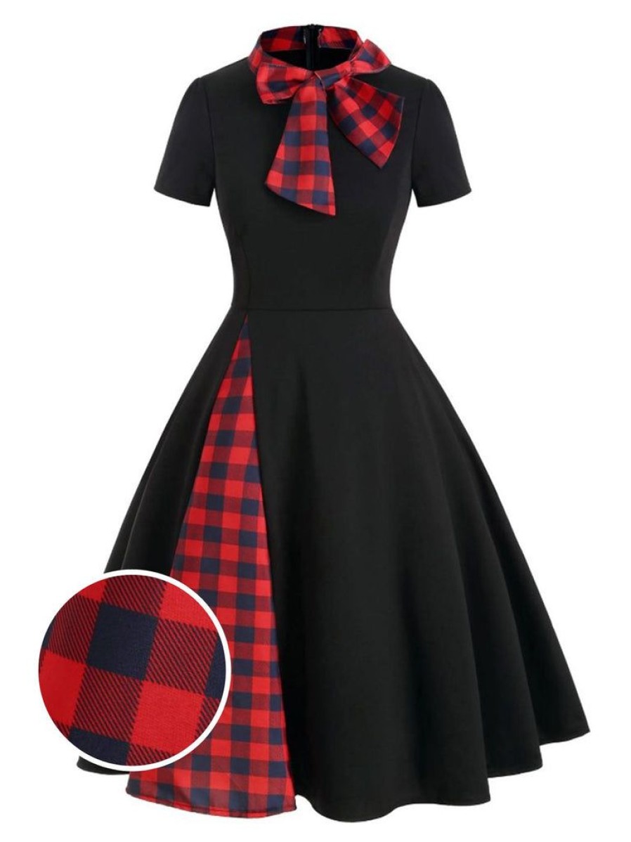 Clothing Retro Stage | 1950S Plaid Patchwork Bow Swing Dress Black