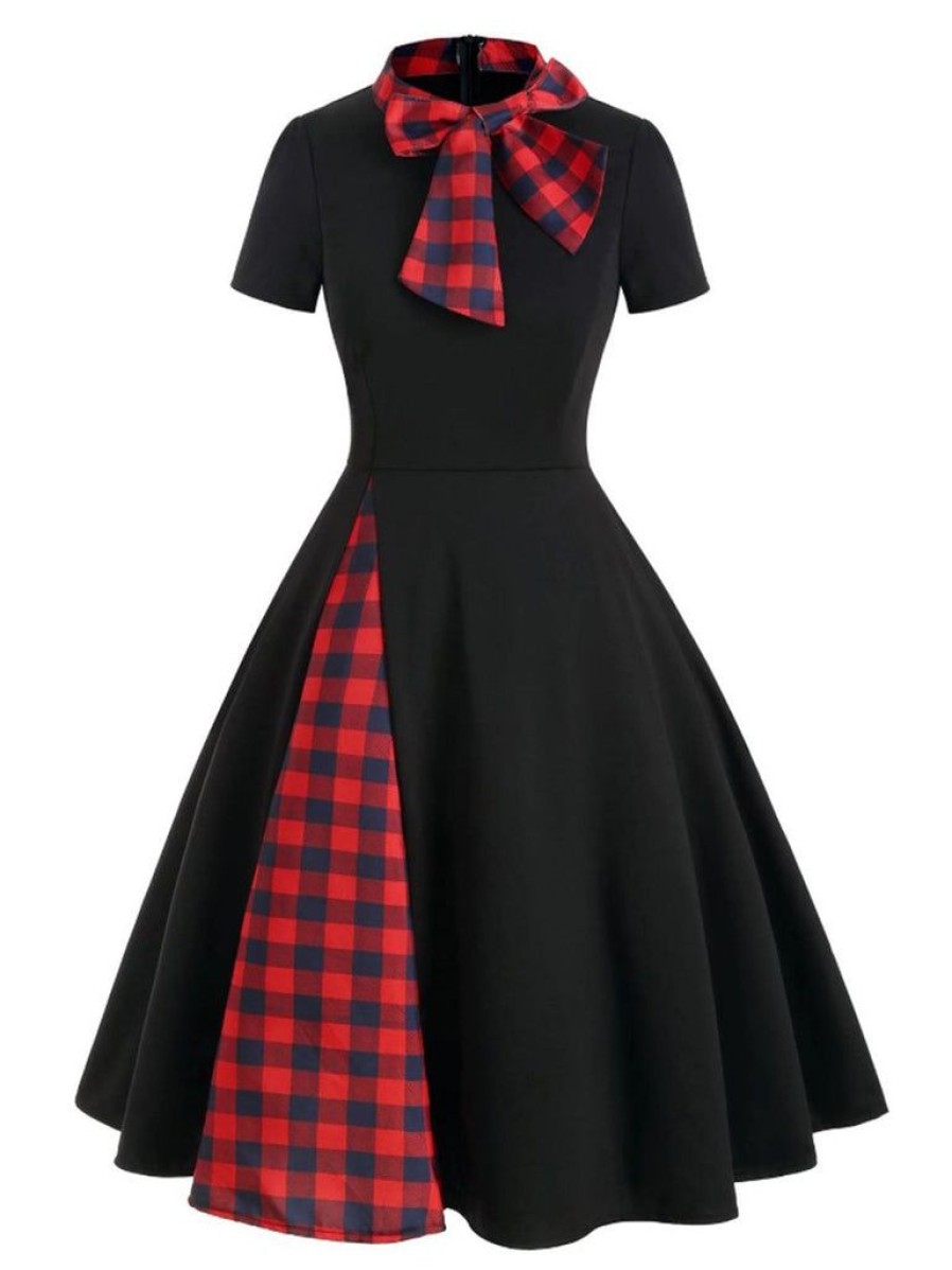 Clothing Retro Stage | 1950S Plaid Patchwork Bow Swing Dress Black