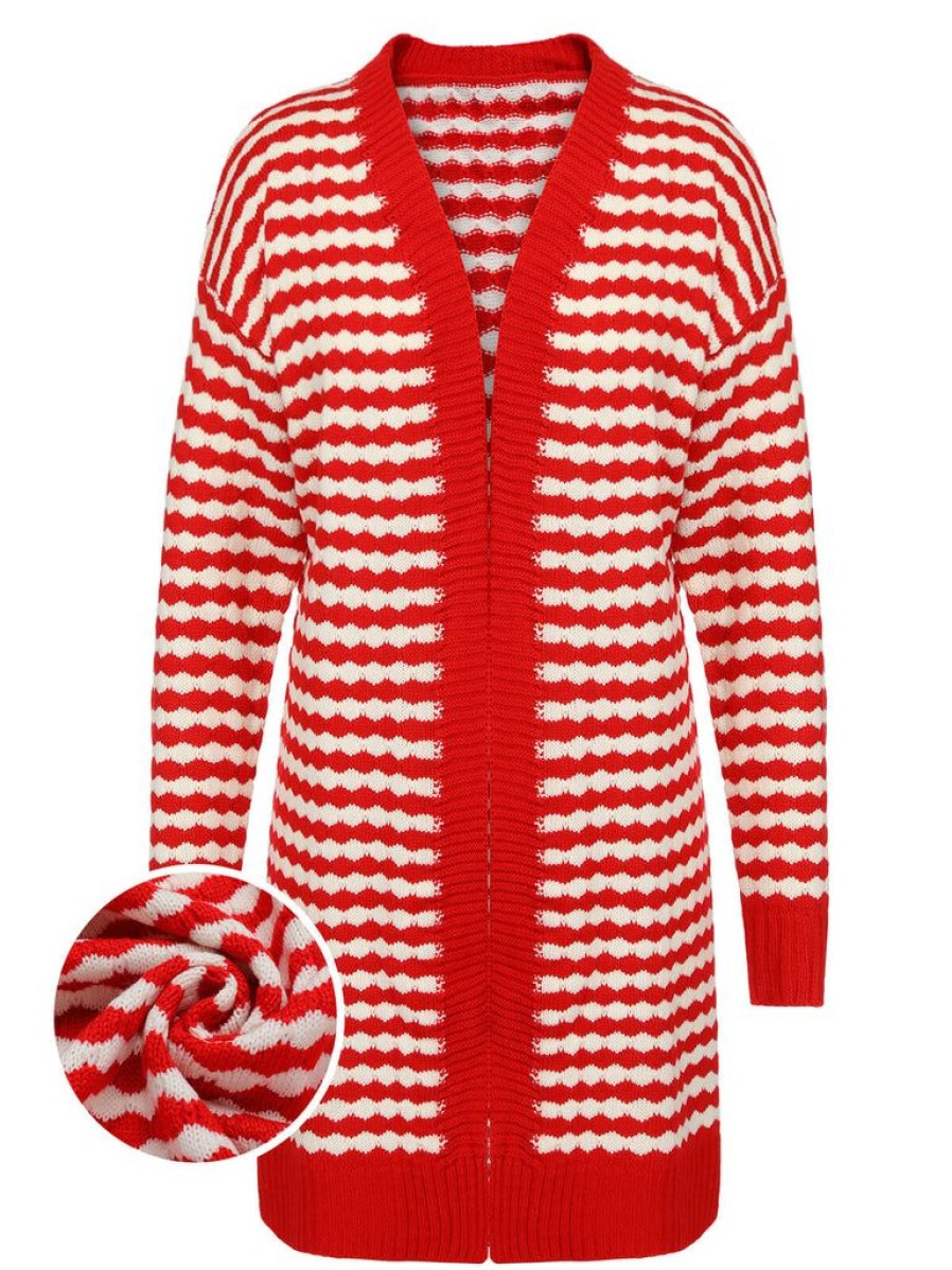 Clothing Retro Stage | 1940S Stripe Knitted Cardigan Red & White