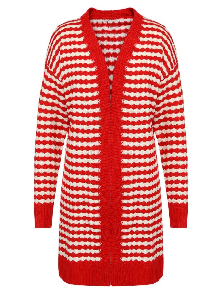 Clothing Retro Stage | 1940S Stripe Knitted Cardigan Red & White