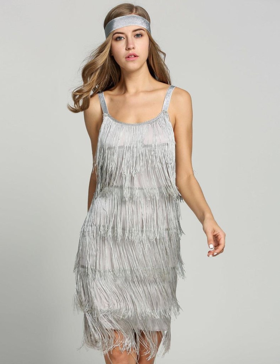 Clothing Retro Stage | [Clearance] Belted 1920S Fringe Gatsby Dress Gray