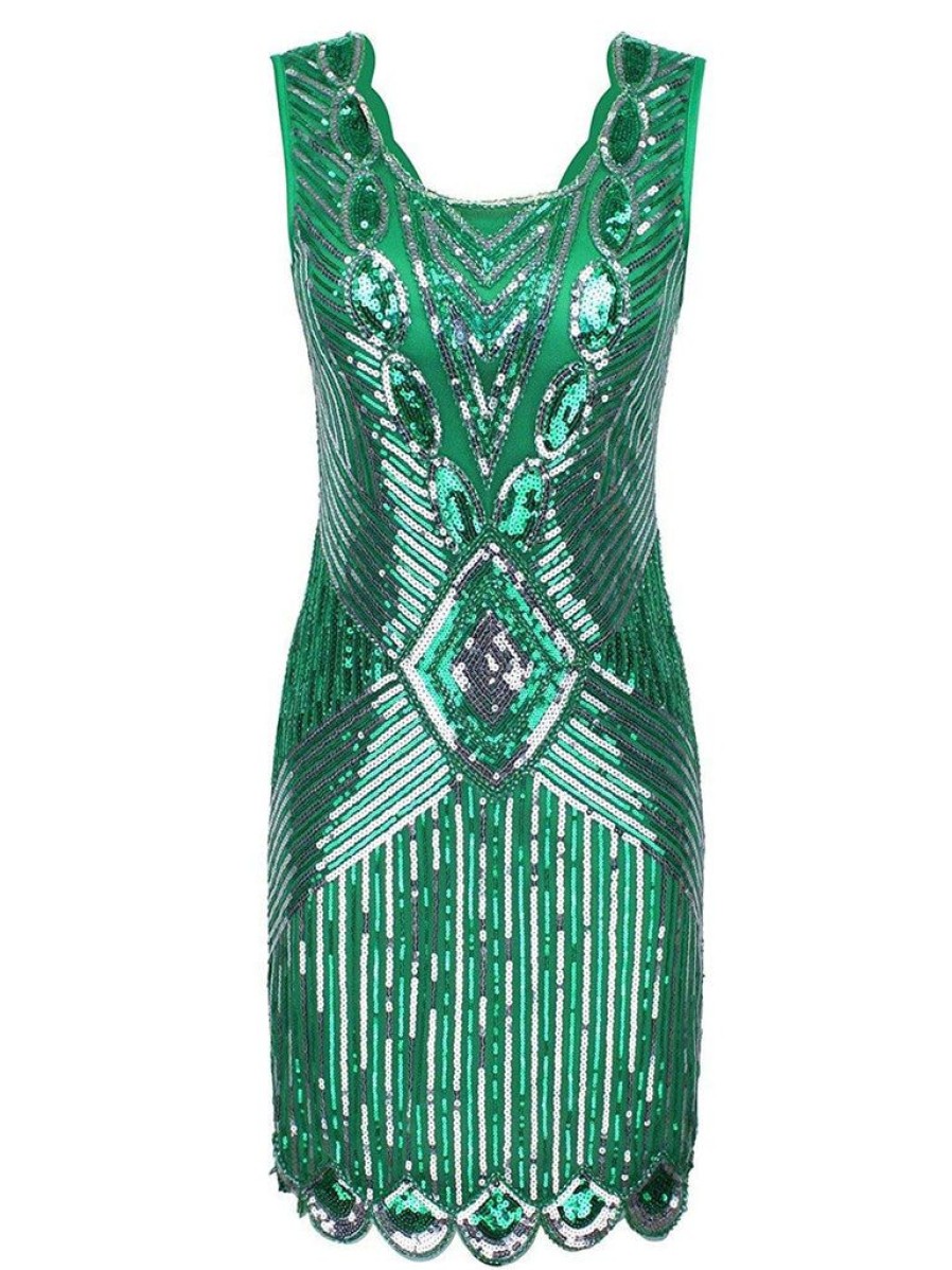 Clothing Retro Stage | 1920S Sequin Evening Dress Dark Green