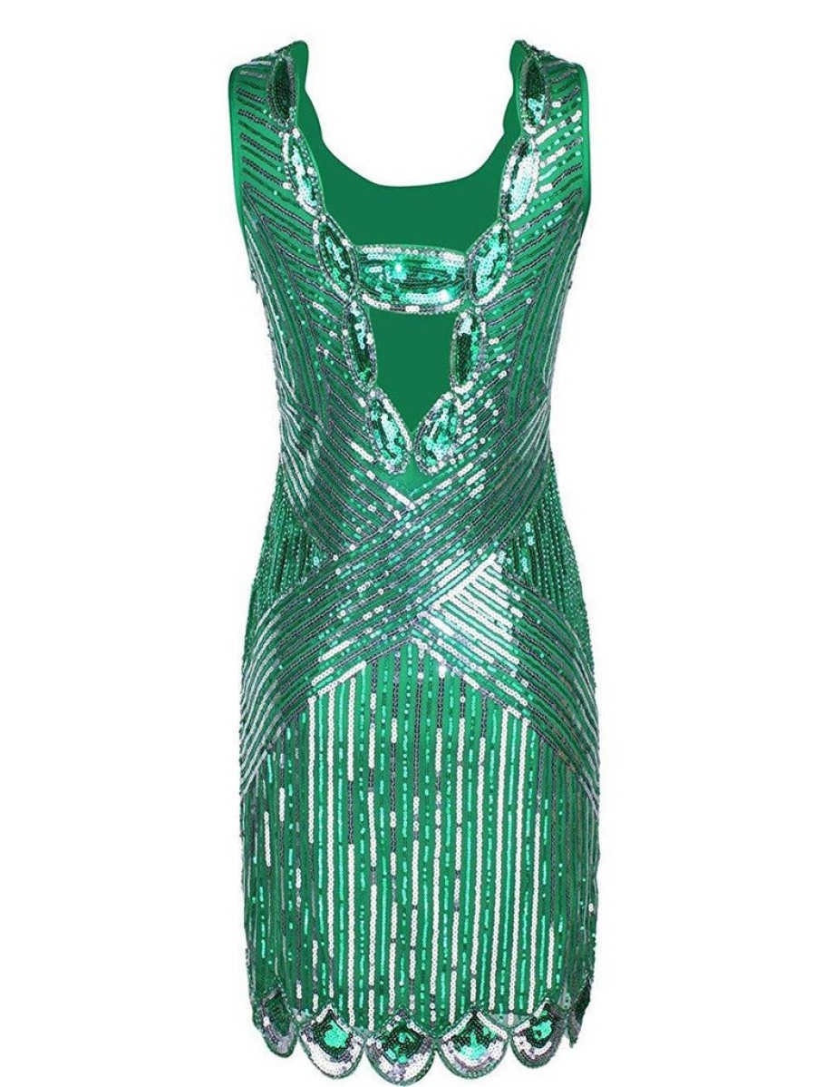 Clothing Retro Stage | 1920S Sequin Evening Dress Dark Green