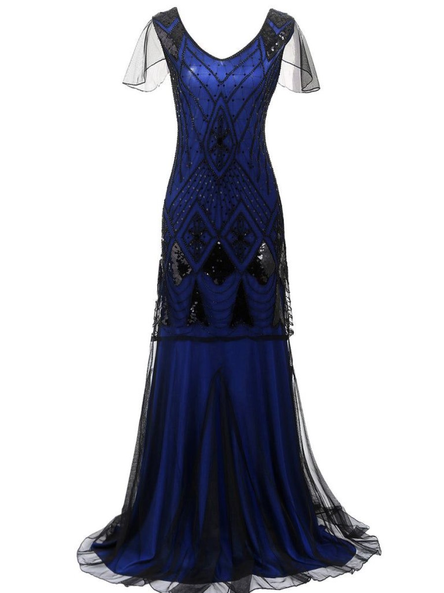 Clothing Retro Stage | 1920S Sequined Maxi Flapper Dress Dark Blue