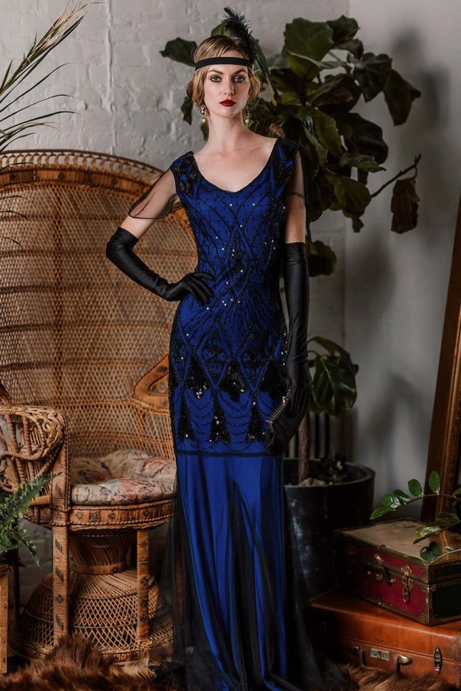 Clothing Retro Stage | 1920S Sequined Maxi Flapper Dress Dark Blue