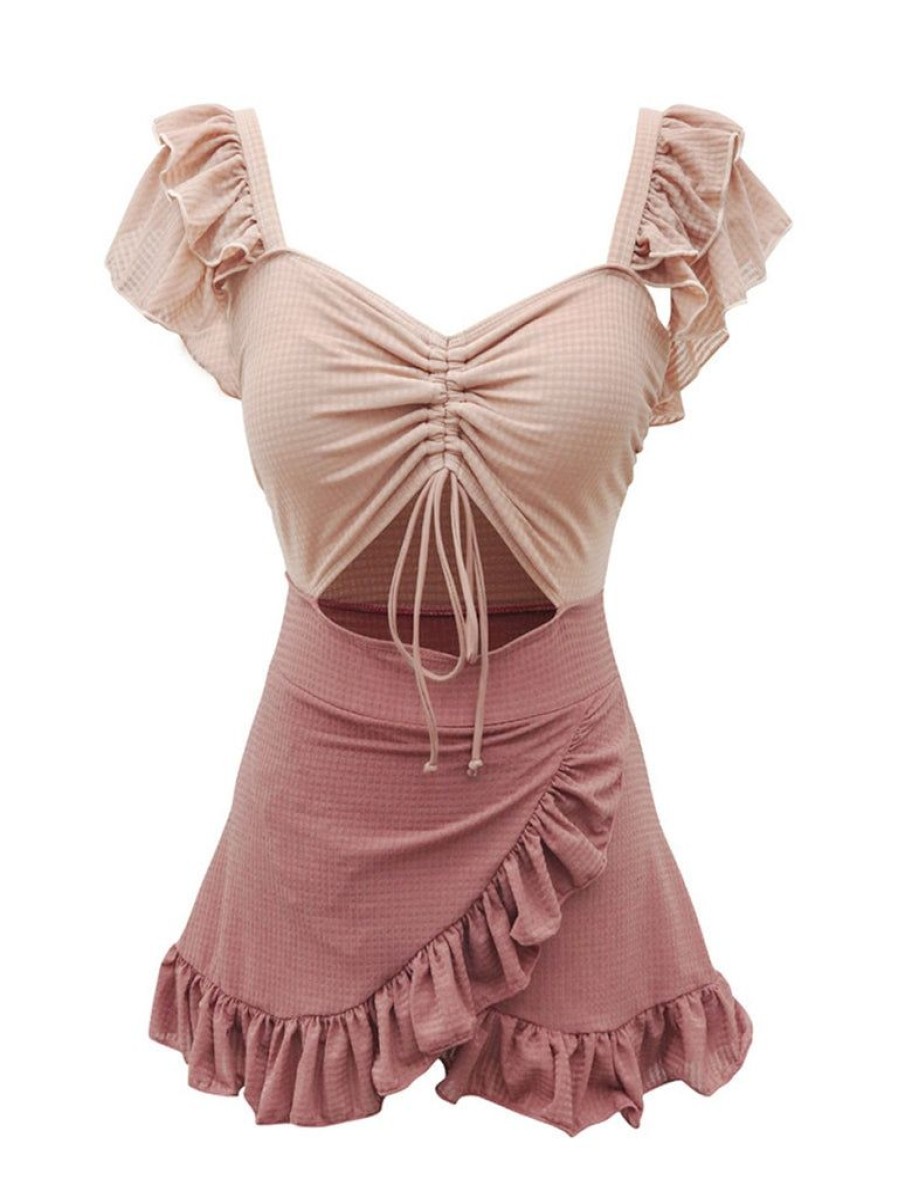 Clothing Retro Stage | Retro 1940S Ruffled Keyhole Swimsuit Rosepink