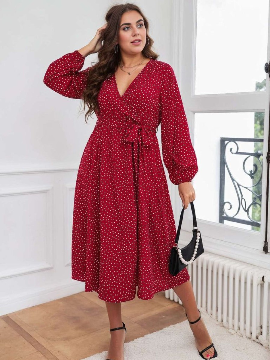 Clothing Retro Stage | [Plus Size] 1940S V-Neck Polka Dot Lace-Up Dress Red