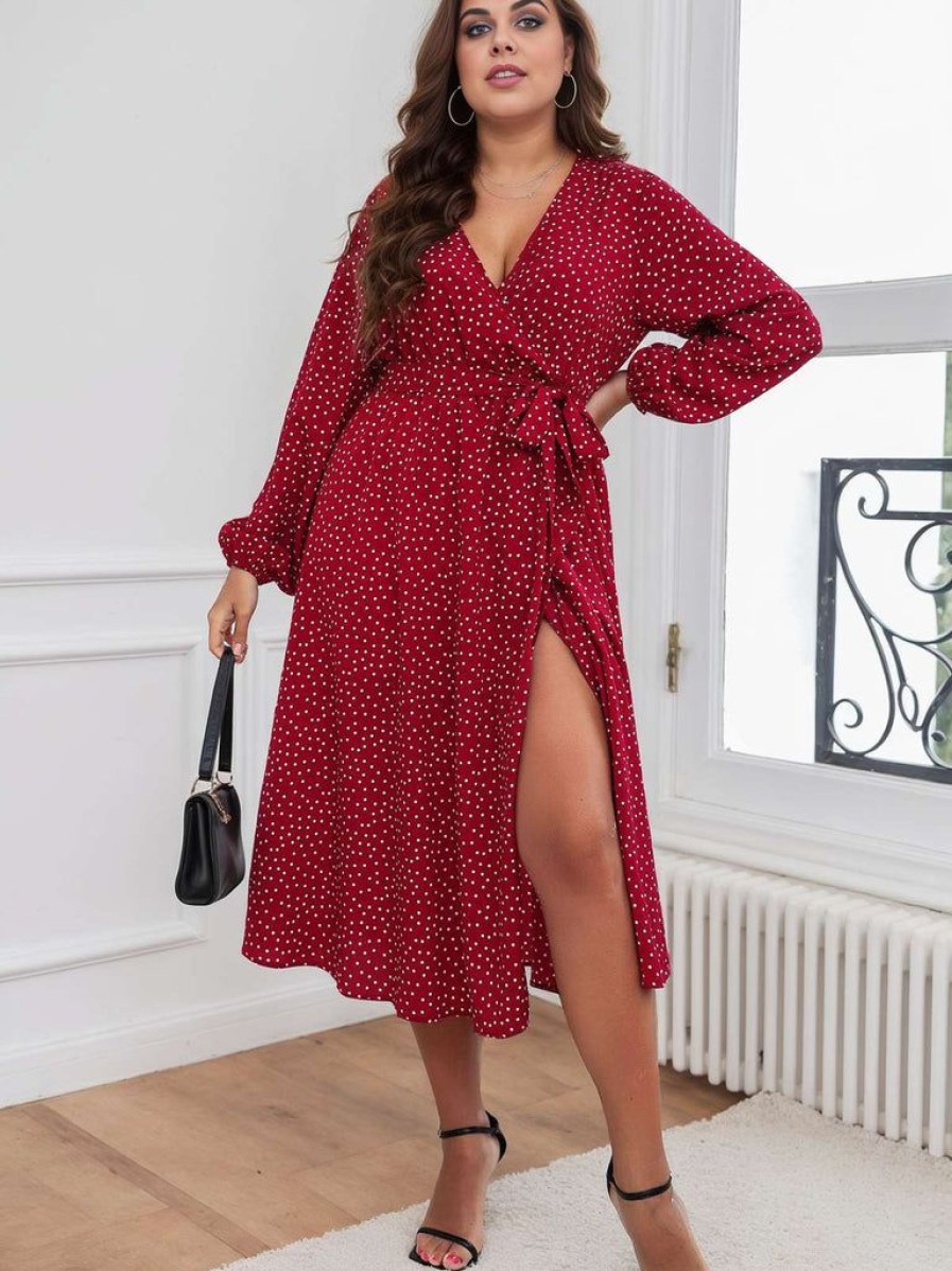 Clothing Retro Stage | [Plus Size] 1940S V-Neck Polka Dot Lace-Up Dress Red