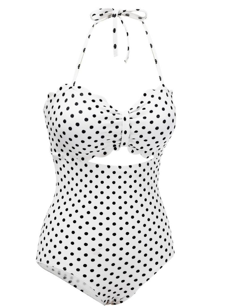 Clothing Retro Stage | 1940S Polka Dot Lace Up Halter Swimsuit White