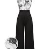 Clothing Retro Stage | White 1930S Floral Halter Strap Jumpsuit Black