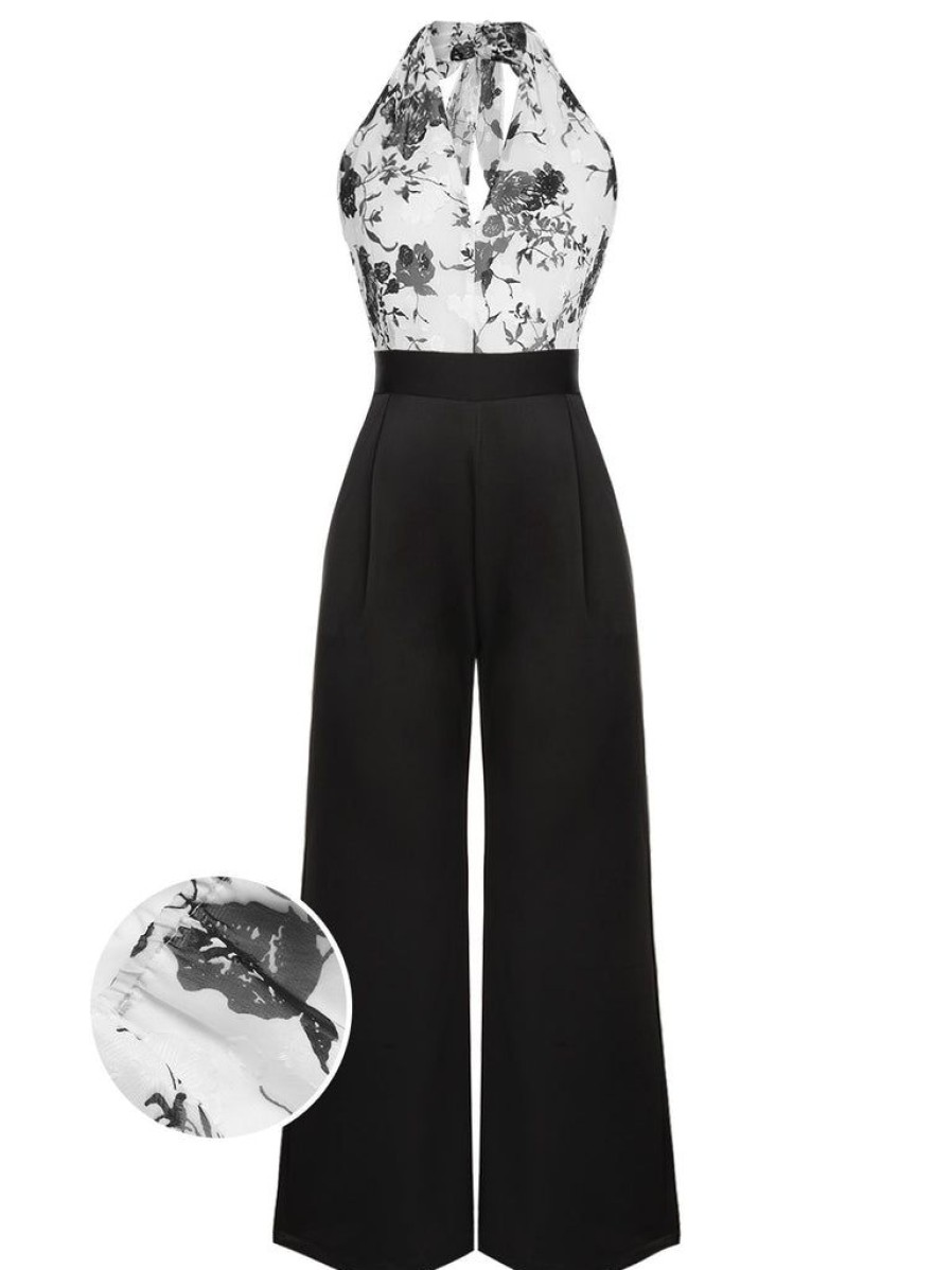 Clothing Retro Stage | White 1930S Floral Halter Strap Jumpsuit Black