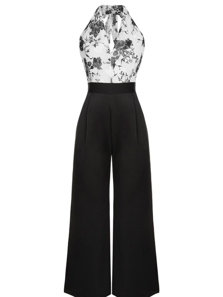 Clothing Retro Stage | White 1930S Floral Halter Strap Jumpsuit Black