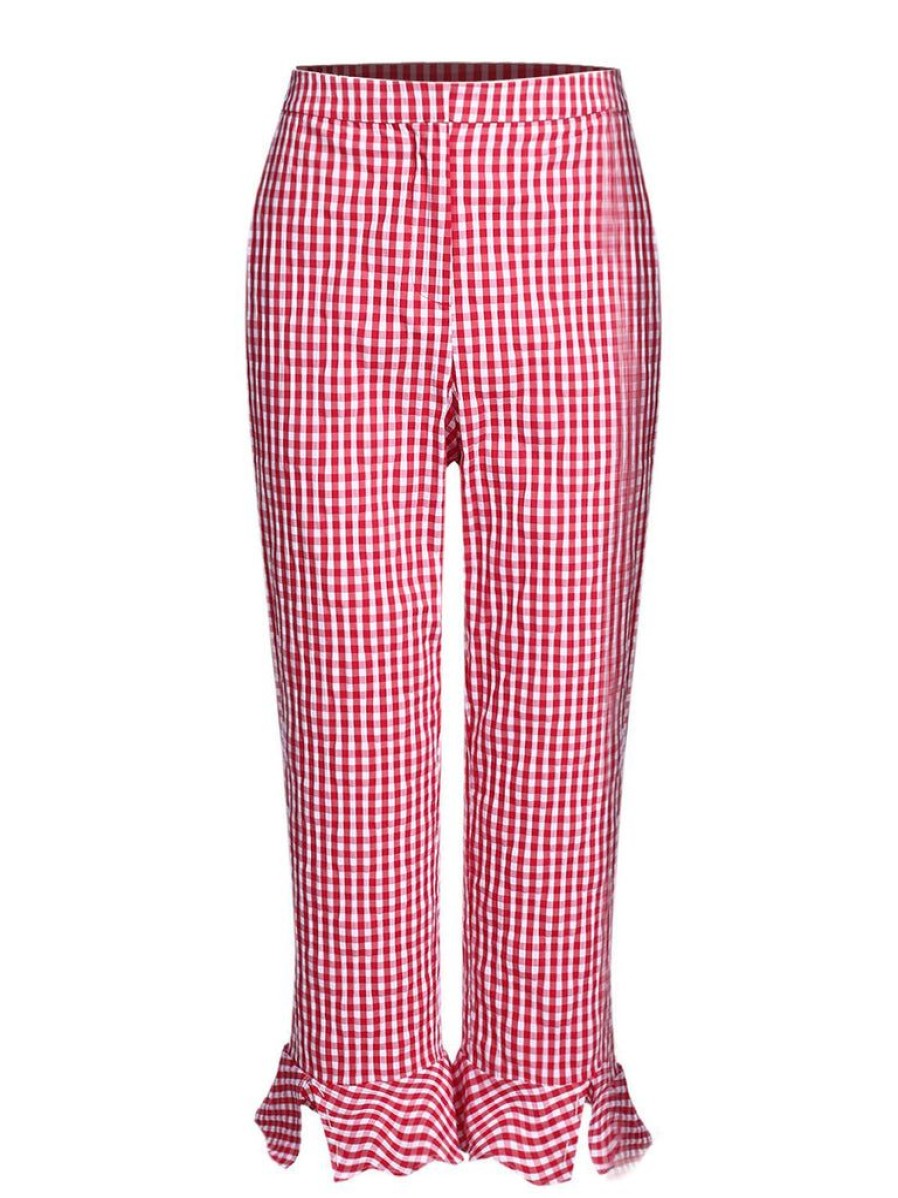 Clothing Retro Stage | Checked Ruffled Split Pants Red