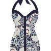 Clothing Retro Stage | 1950S Butterfly Halter Swimsuit Navy Blue