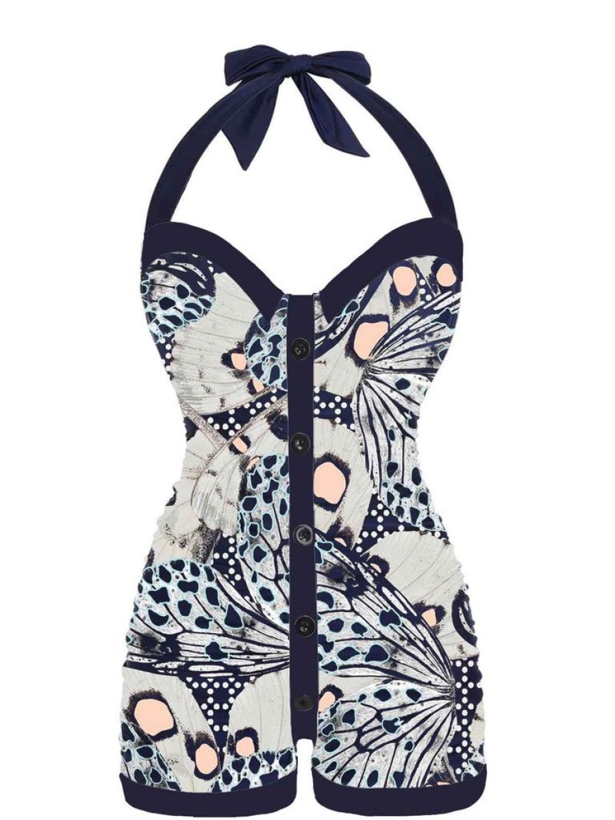 Clothing Retro Stage | 1950S Butterfly Halter Swimsuit Navy Blue