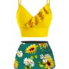 Clothing Retro Stage | 2Pcs 1950S Sunflower Ruffles V-Neck Swimsuit Yellow