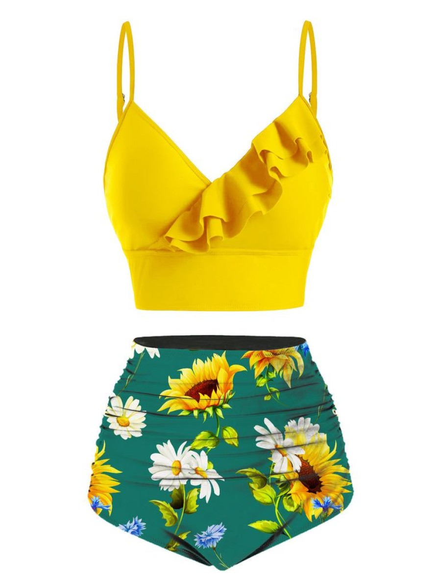 Clothing Retro Stage | 2Pcs 1950S Sunflower Ruffles V-Neck Swimsuit Yellow