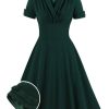 Clothing Retro Stage | [Plus Size] 1950S V-Neck Solid Swing Dress Dark Green