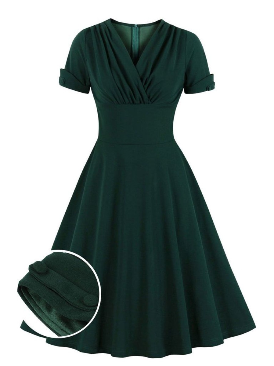 Clothing Retro Stage | [Plus Size] 1950S V-Neck Solid Swing Dress Dark Green