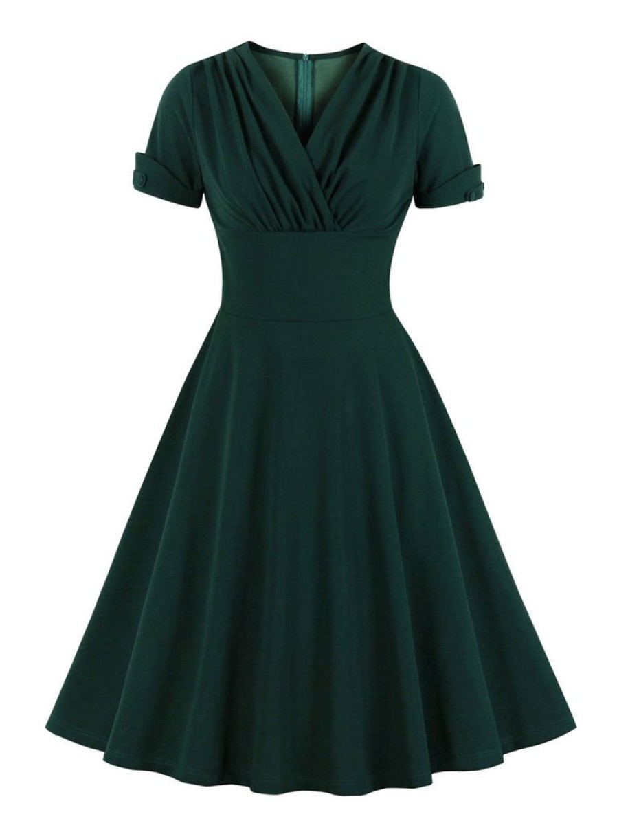 Clothing Retro Stage | [Plus Size] 1950S V-Neck Solid Swing Dress Dark Green