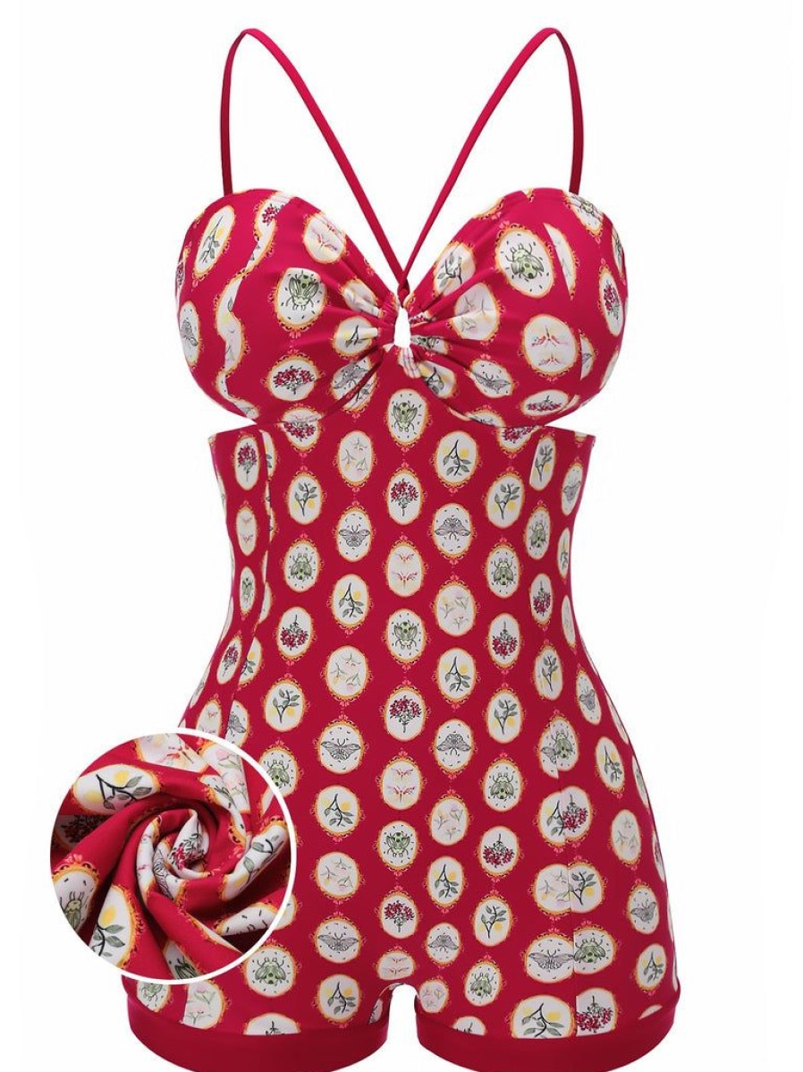 Clothing Retro Stage | 1950S Strap Floral One-Piece Swimsuit Red