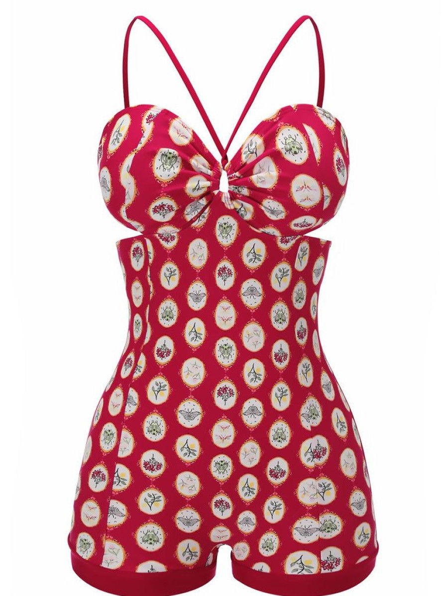 Clothing Retro Stage | 1950S Strap Floral One-Piece Swimsuit Red