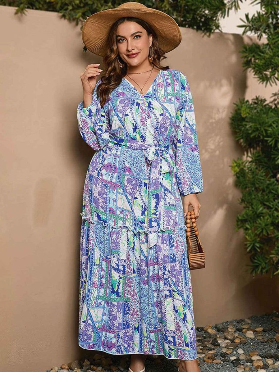 Clothing Retro Stage | [Plus Size] 1930S Floral V-Neck Lantern Maxi Dress