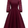 Clothing Retro Stage | 1950S Lace Patchwork Square Neck Dress Wine Red