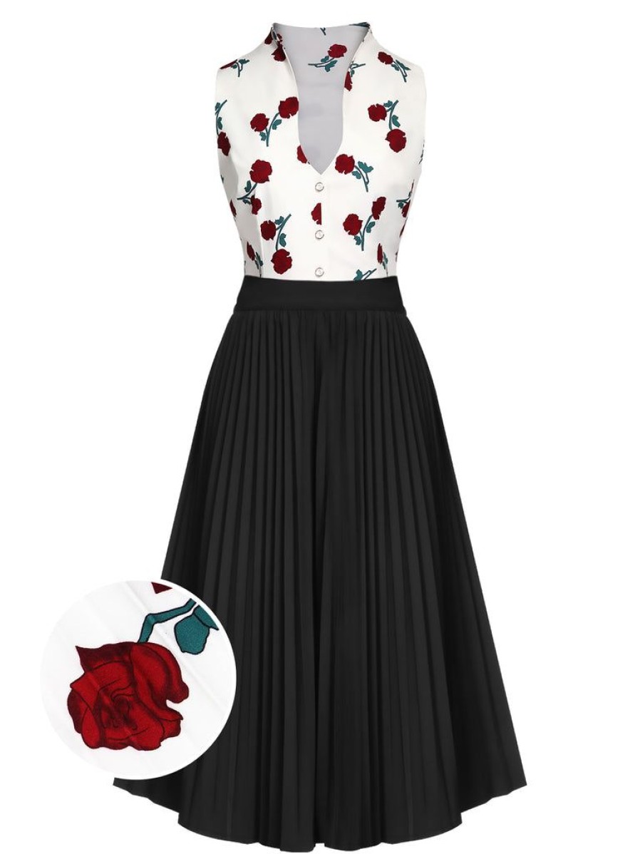 Clothing Retro Stage | 2Pcs 1950S White Roses Top & Black Skirt White & Black