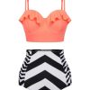 Clothing Retro Stage | 1940S Stripe Ruffles Strap Swimsuit Orange