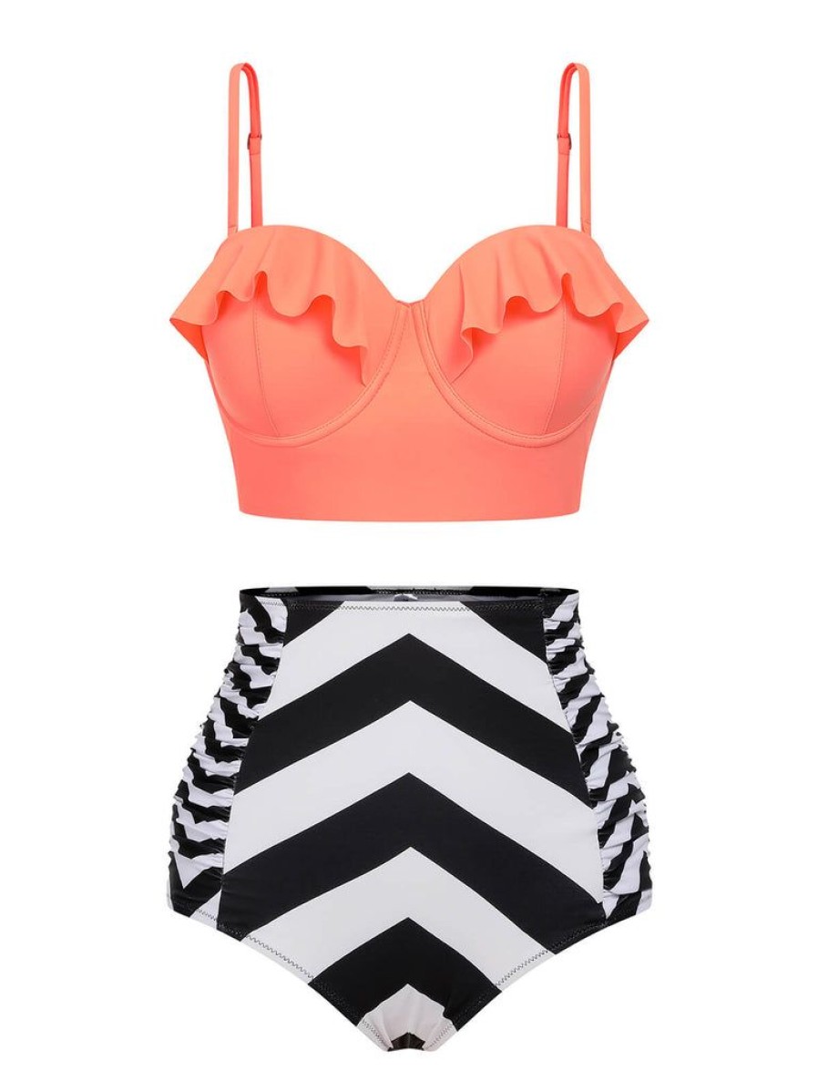 Clothing Retro Stage | 1940S Stripe Ruffles Strap Swimsuit Orange