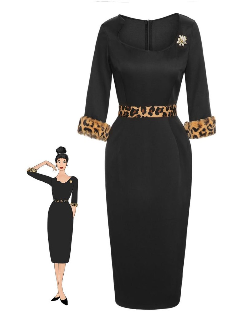 Clothing Retro Stage | [Pre-Sale] 1960S Raw Hem Leopard Asymmetric Wrap Dress Black