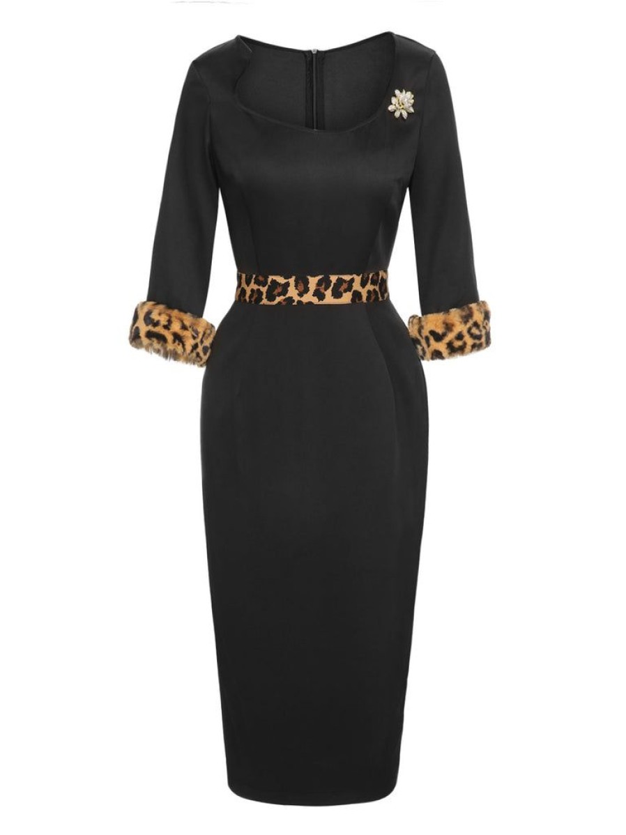 Clothing Retro Stage | [Pre-Sale] 1960S Raw Hem Leopard Asymmetric Wrap Dress Black