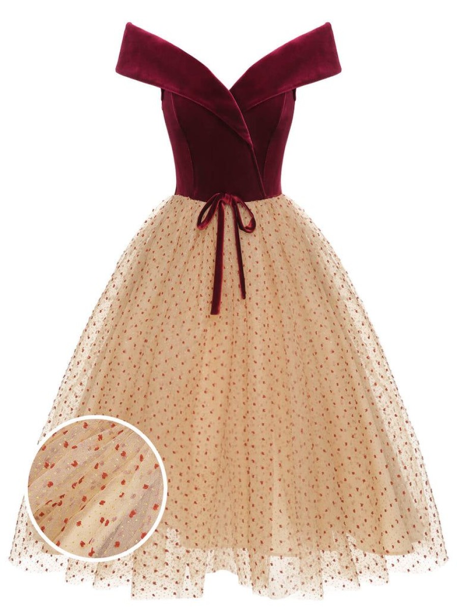 Clothing Retro Stage | 1950S Velvet Mesh Polka Dot Dress Burgundy