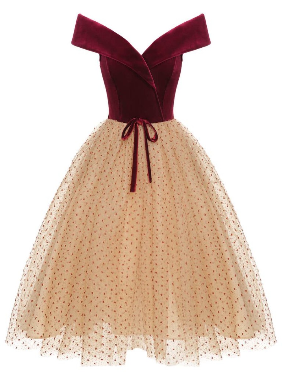 Clothing Retro Stage | 1950S Velvet Mesh Polka Dot Dress Burgundy