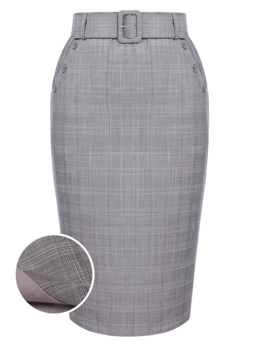 Clothing Retro Stage | 1960S Plaid Belt Pencil Skirt Gray