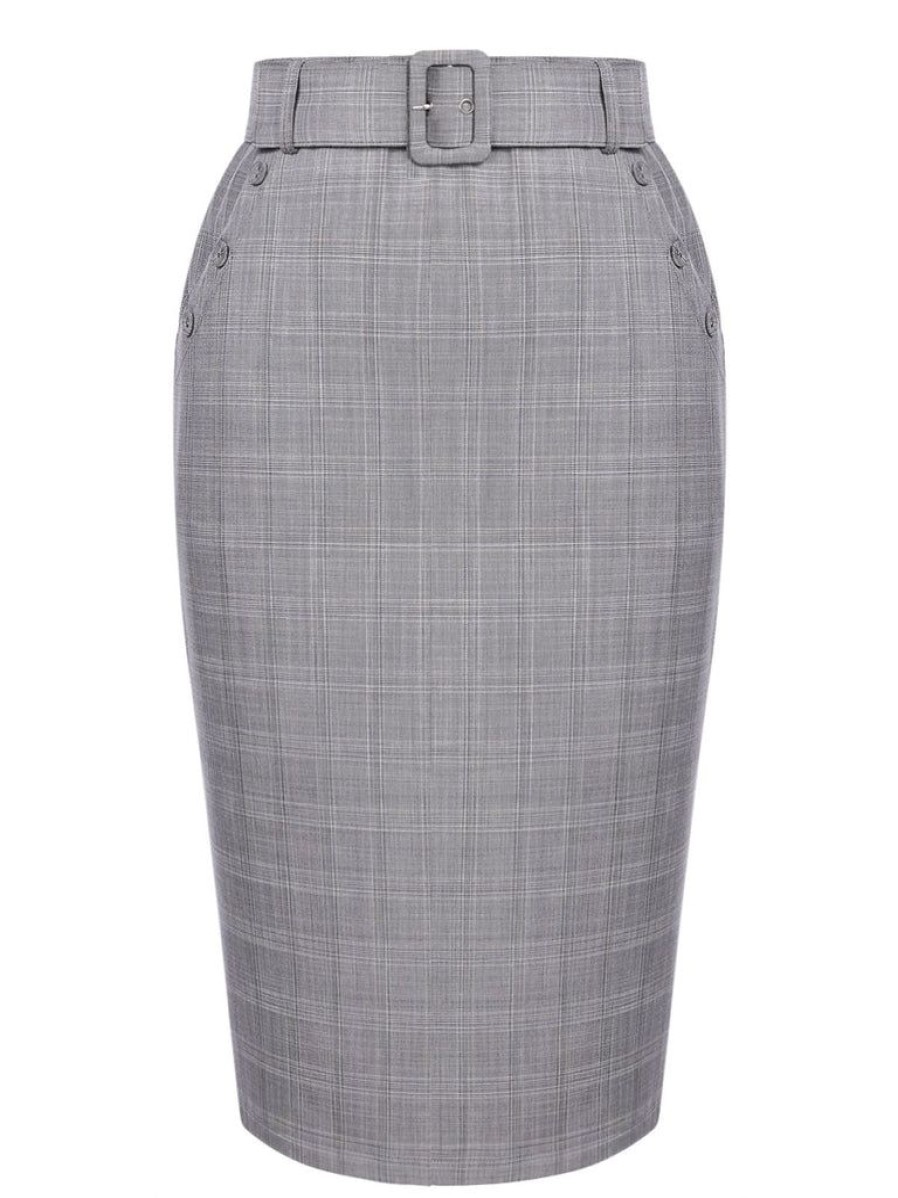 Clothing Retro Stage | 1960S Plaid Belt Pencil Skirt Gray