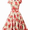 Clothing Retro Stage | [Pre-Sale] 1950S Roses Lapel Dress With Belt Beige