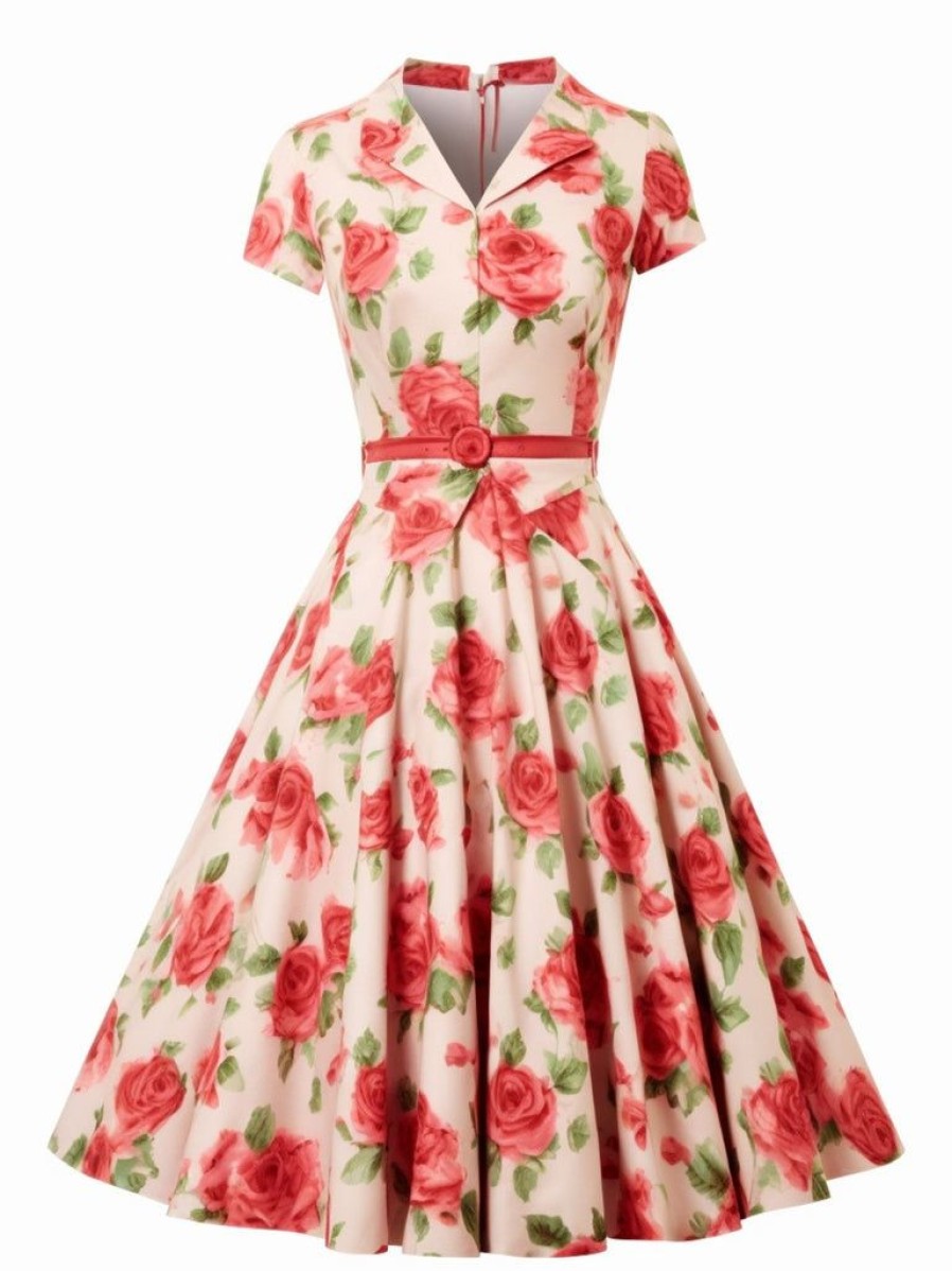 Clothing Retro Stage | [Pre-Sale] 1950S Roses Lapel Dress With Belt Beige