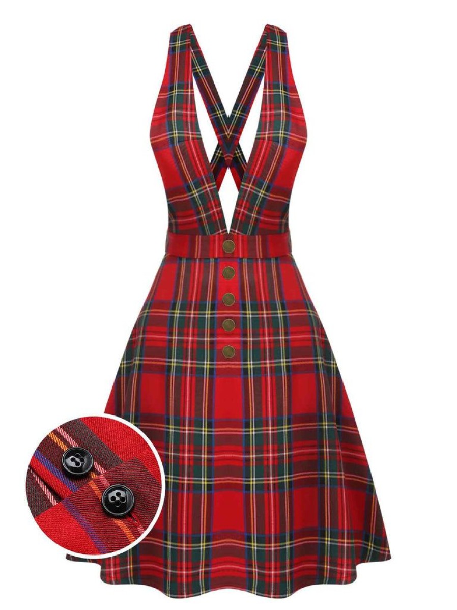 Clothing Retro Stage | [Pre-Sale] 1950S Plaids Buttoned Strap Dress Red